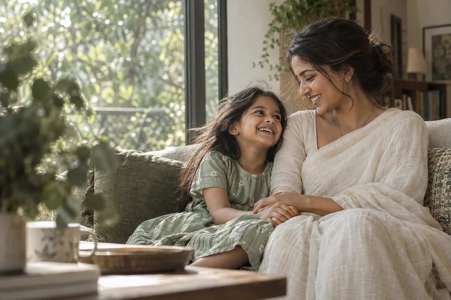 Illustrative image of a mother and daughter sharing a quiet, happy moment