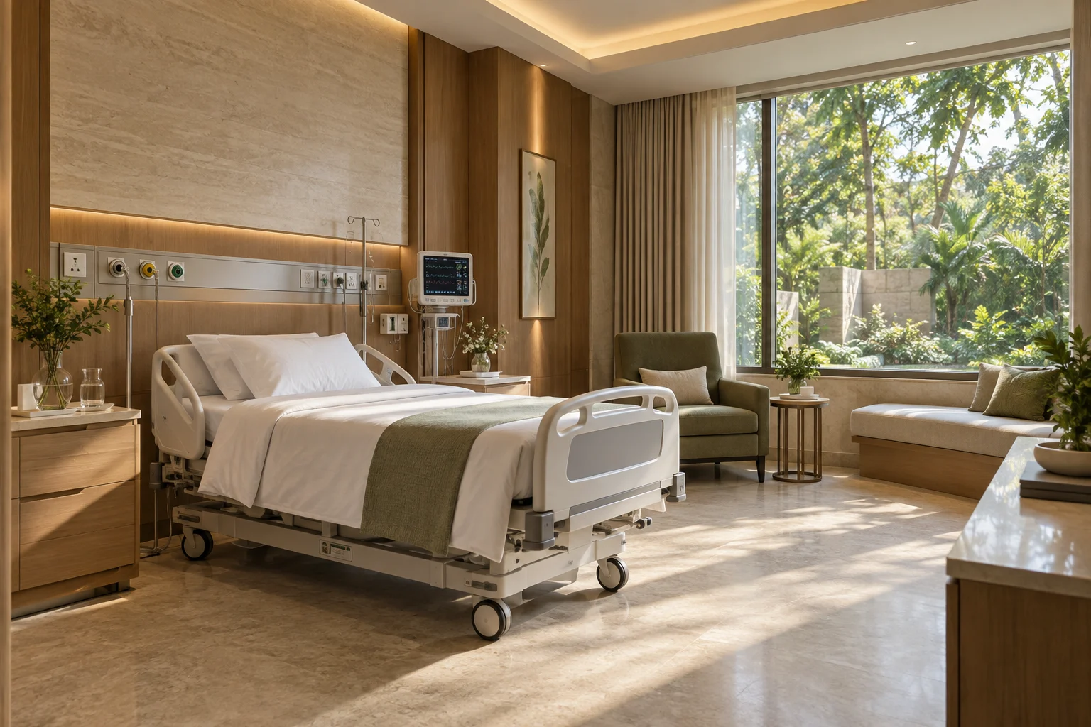 Illustrative private recovery suite concept with natural light and a visitor chair